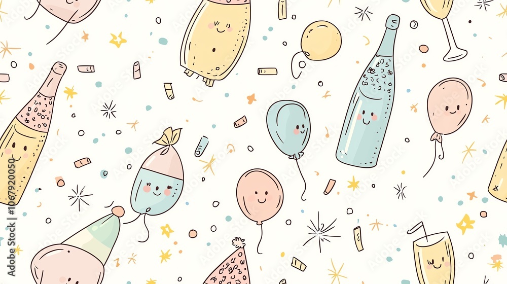 Kawaii doodle new year celebration seamless pattern, tiny confetti, party hats, champagne bottles, colorful balloons, cute minimalist style, pastel colors Kawaii doodle new year celebration seamless pattern, tiny confetti, party hats, champagne bottles, colorful balloons, cute minimalist style, pastel colors