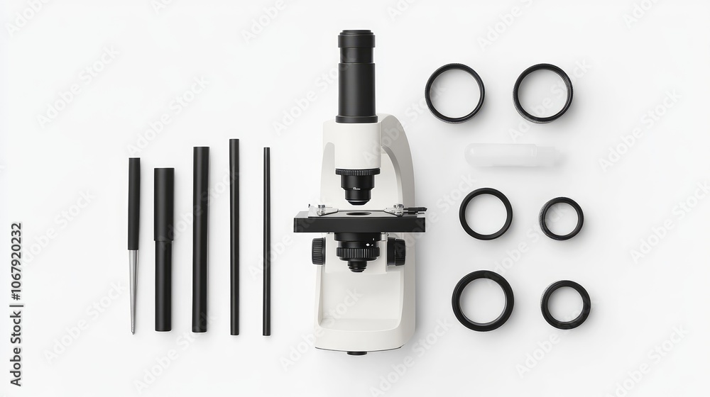 Scientific Microscope and Accessories Flat Lay Arrangement Scientific Microscope and Accessories Flat Lay Arrangement