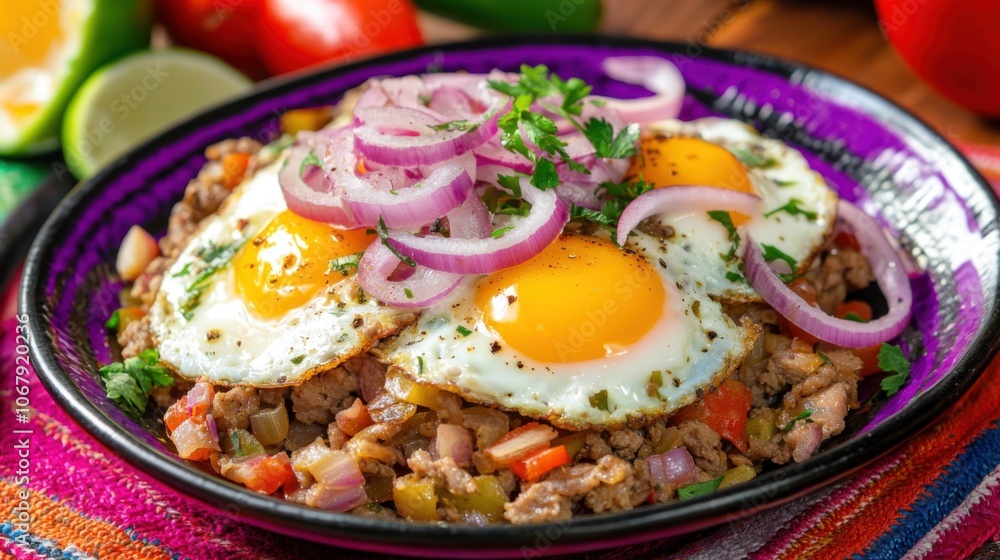 Colorful Dominican Mangu with Eggs and Red Onions Colorful Dominican Mangu with Eggs and Red Onions