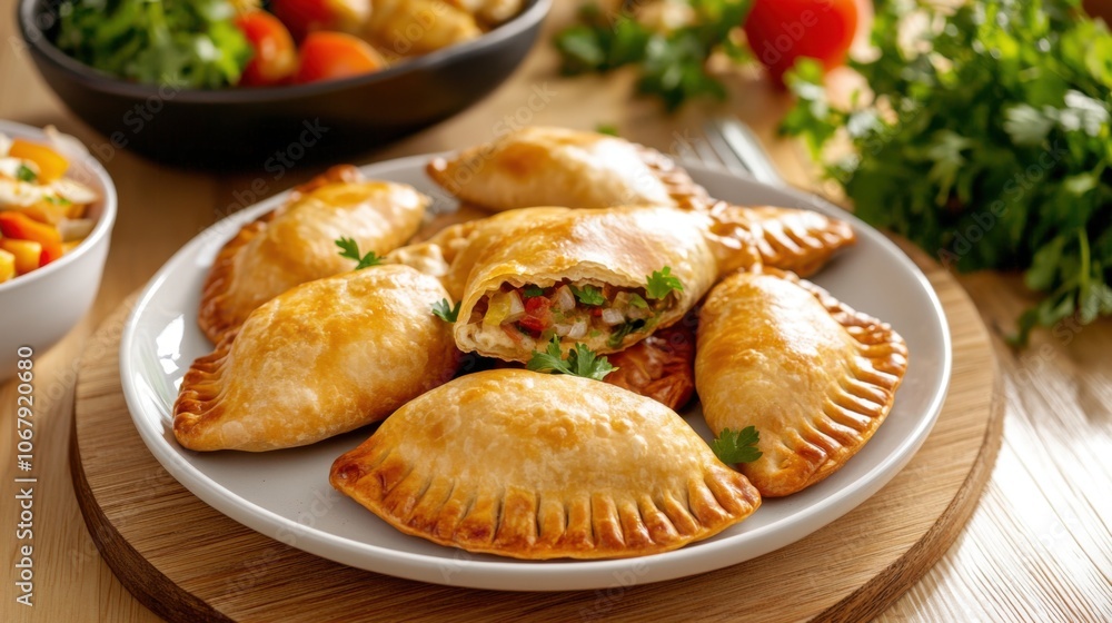 Family Gathering with Homemade Empanadas on Table Family Gathering with Homemade Empanadas on Table