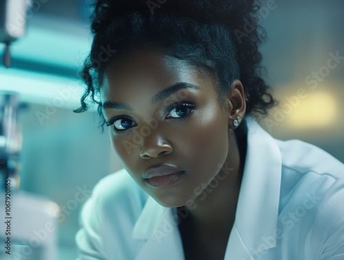 Close-Up of Woman in Lab Coat Analyzing Results photo