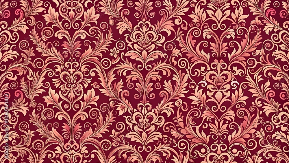Intricate Ornamental Pattern Featuring Delicate Curls and Flourishes on a Deep Burgundy Background Intricate Ornamental Pattern Featuring Delicate Curls and Flourishes on a Deep Burgundy Background