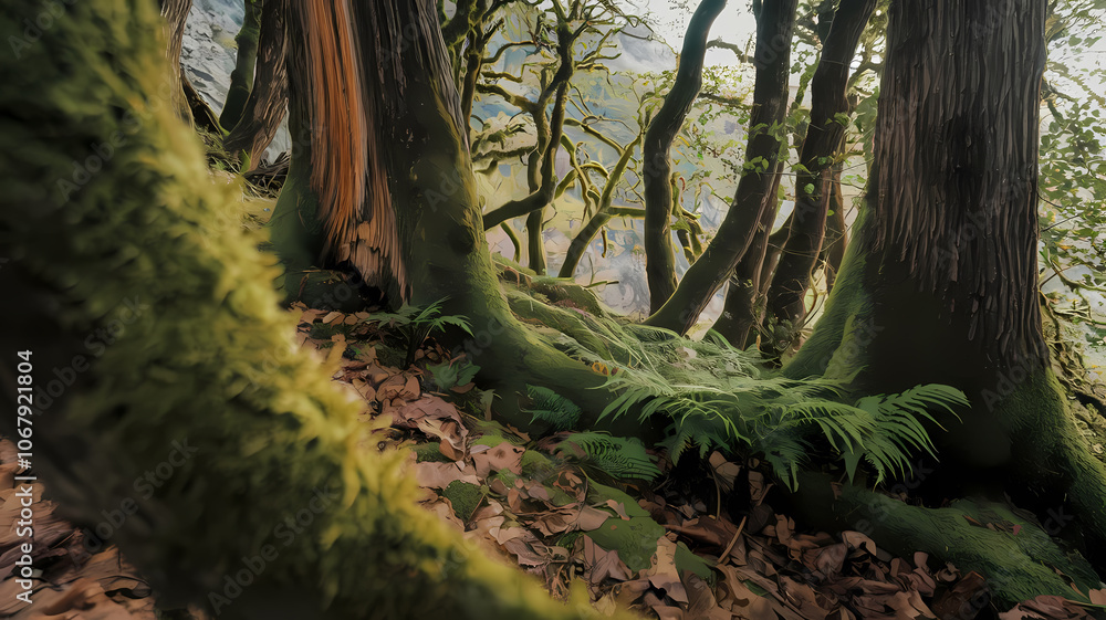 Obraz premium Lush forest scene featuring moss-covered trees, ferns, and a carpet of leaves, creating a serene and inviting atmosphere in a vibrant woodland setting. Perfect for nature lovers.
