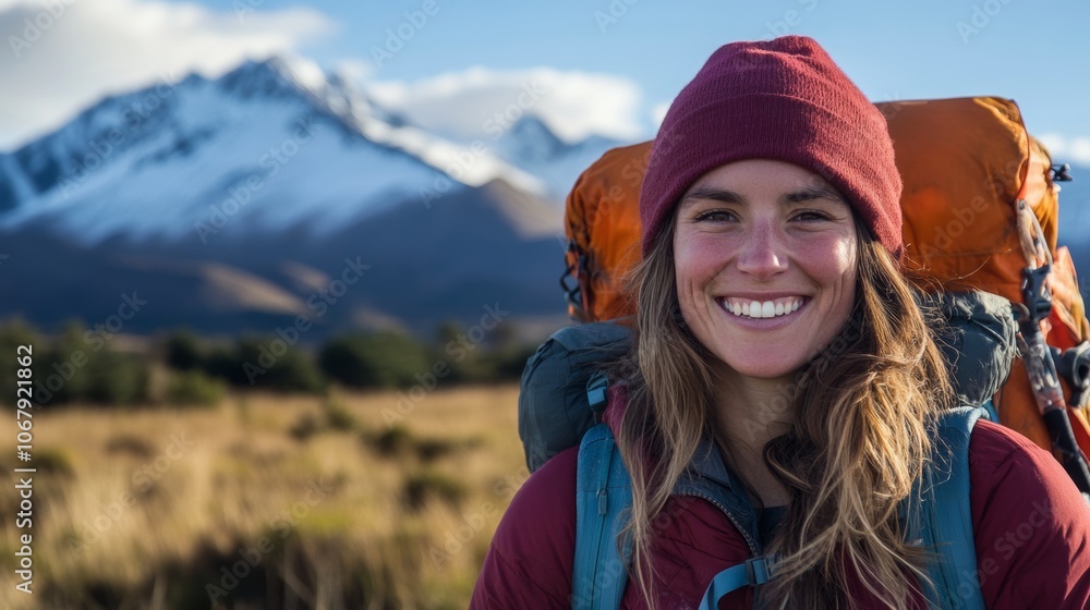 Smiling woman in hiking gear enjoys a sunny mountain adventure in a breathtaking natural landscape Smiling woman in hiking gear enjoys a sunny mountain adventure in a breathtaking natural landscape