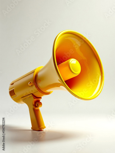 Yellow megaphone on white background, symbolizing loud communication and announcements