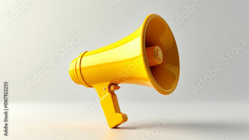 Yellow megaphone on white background, symbolizing loud communication and announcements