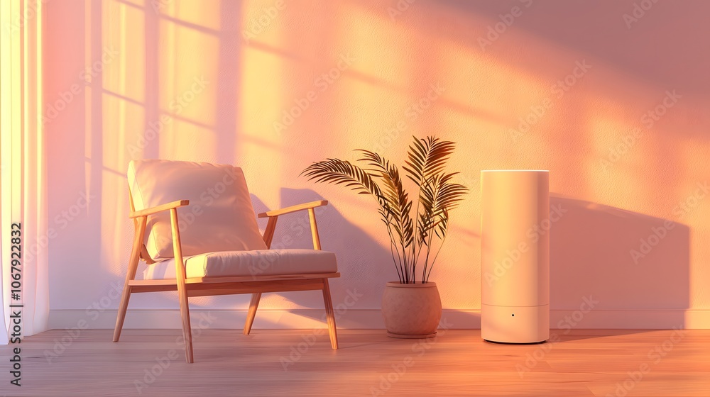 A Minimalist Living Room with a Chair, Plant, and White Cylinder in Warm Sunlight A Minimalist Living Room with a Chair, Plant, and White Cylinder in Warm Sunlight