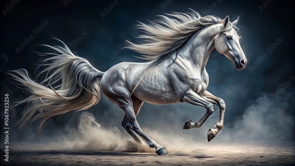 Obraz premium A Majestic White Horse With a Flowing Mane and Tail, Leaping Through a Cloud of Dust, Captured in a Moment of Unbridled Freedom