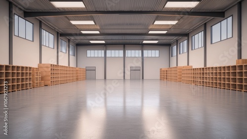 Wallpaper Mural A spacious, modern warehouse with tall ceilings, concrete floors and shelves made of wooden crates, well-lit by natural light through large windows. Torontodigital.ca