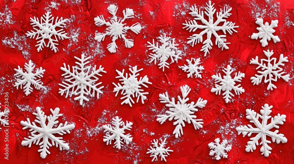 A festive red background with intricate white snowflakes, offering free space for holiday wishes, creating the perfect modern Christmas card design A festive red background with intricate white snowflakes, offering free space for holiday wishes, creating the perfect modern Christmas card design