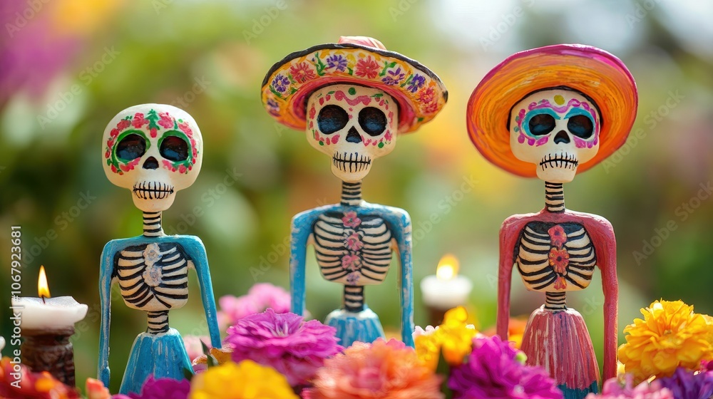 Fototapeta premium A group of colorful Day of the Dead sugar skeletons surrounded by flowers and candles in San Miguel De Allende, capturing the essence of Mexican culture and tradition
