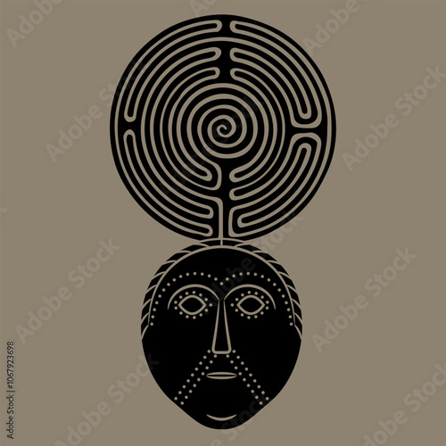 Viking Norse or Celtic mask and a round spiral maze or labyrinth symbol. Stylized human face from ancient Dania. Monochrome silhouette.