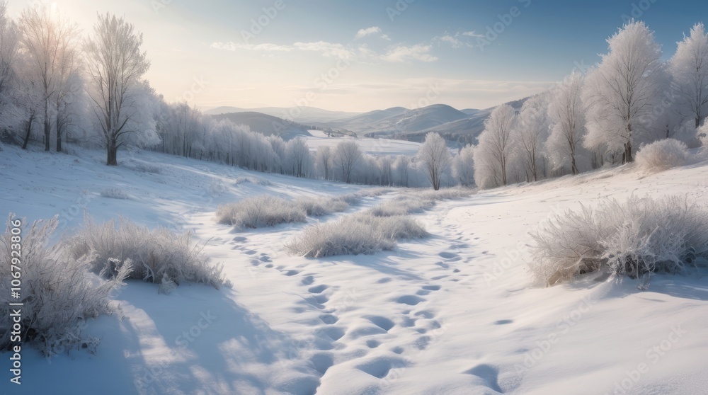 Snowy winter landscape with frosted trees and distant mountains Snowy winter landscape with frosted trees and distant mountains