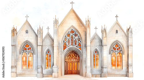 Watercolor Biblical Illustration of a Majestic Cathedral with Stained Glass Windows, Christian Spirituality and Heritage, Beige Background, copyspace