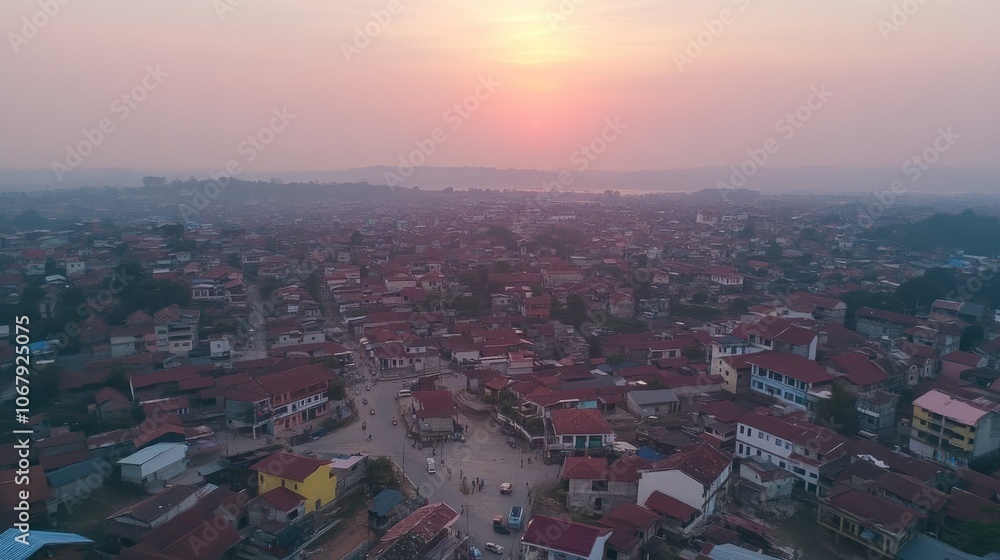 Fototapeta premium Aerial View of Urban Sunset Over a Vibrant Township