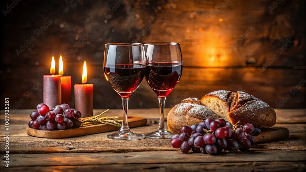 Two glasses of red wine, a loaf of bread dusted with flour, grapes, and three burning candles on a rustic wooden table, representing a simple and intimate gathering. Two glasses of red wine, a loaf of bread dusted with flour, grapes, and three burning candles on a rustic wooden table, representing a simple and intimate gathering.