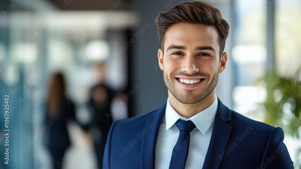 Smiling young businessman in a blue suit and tie, exuding confidence and professionalism in a corporate office setting. Ideal for business-related visuals. Smiling young businessman in a blue suit and tie, exuding confidence and professionalism in a corporate office setting. Ideal for business-related visuals.