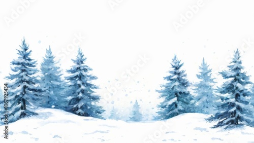 Snowy Landscape Watercolor Illustration with Tall Pine Trees Arranged in a Peaceful Winter Wonderland Scene.