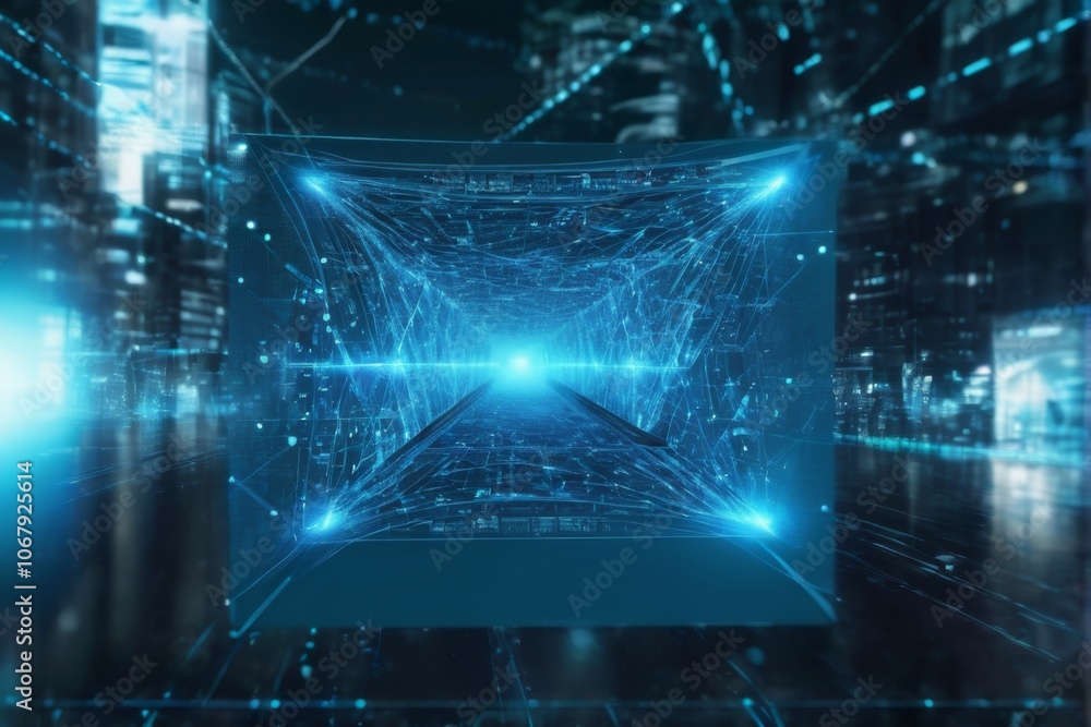 Grid Pattern Envelope in Futuristic Cityscape with Network Effect Grid Pattern Envelope in Futuristic Cityscape with Network Effect