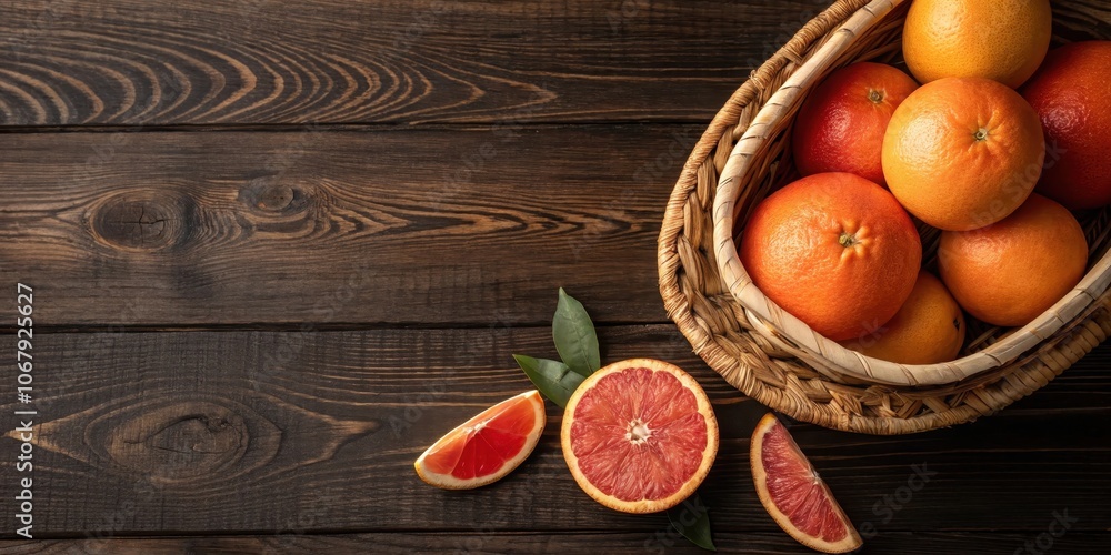 A basket of fresh citrus fruits, including halved grapefruits, sits on a wooden table top, inviting a taste of refreshing flavor. A basket of fresh citrus fruits, including halved grapefruits, sits on a wooden table top, inviting a taste of refreshing flavor.