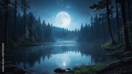  Starry night sky with moon reflected in calm lake surrounded by forest