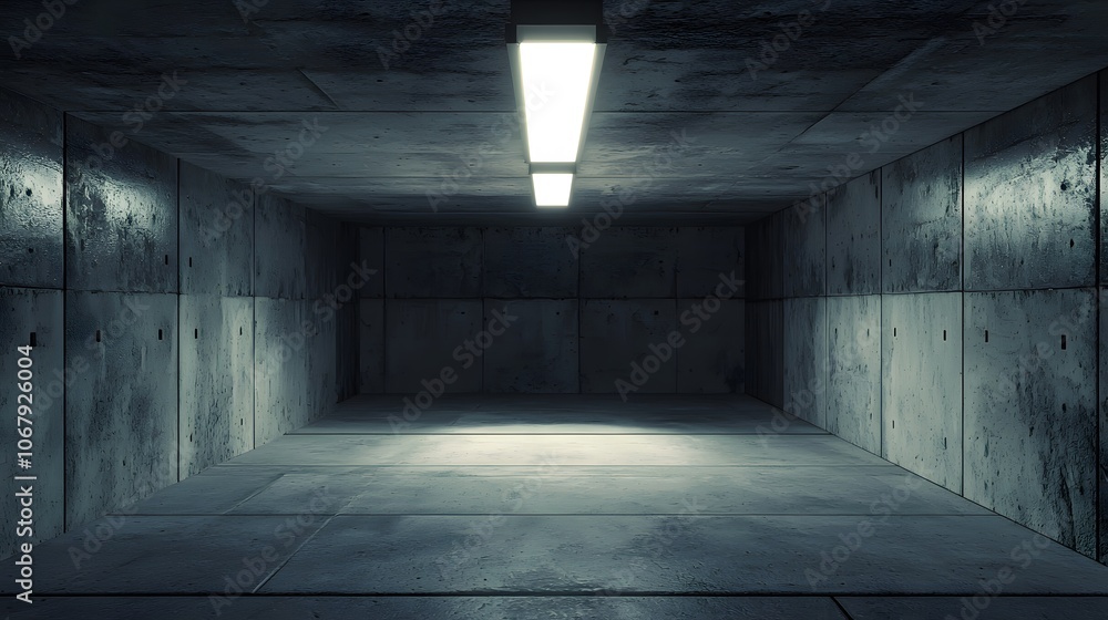 A dimly lit concrete room with a single overhead light A dimly lit concrete room with a single overhead light