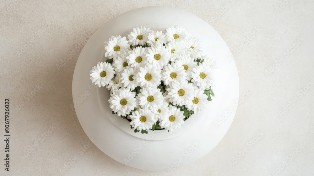 White Daisies in a Round White Pot on Light Background White Daisies in a Round White Pot on Light Background