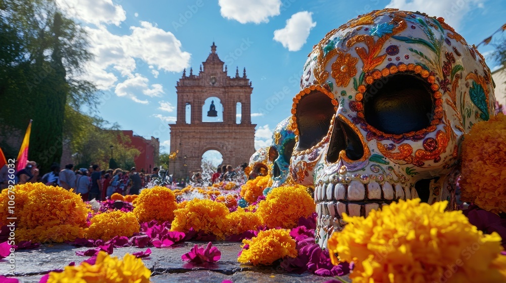 Naklejka premium An artistic display of sugar skulls, part of the de los Muertos celebration in San Miguel De Allende, with vibrant colors and ornate designs celebrating life and death