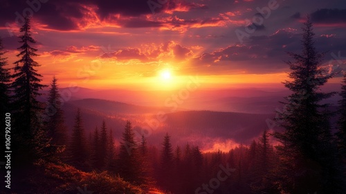 Majestic Sunset Over Forest Landscape