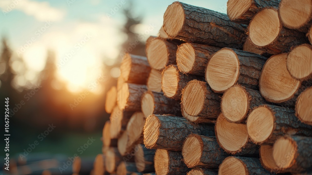 A warm sunset illuminates a stacked pile of freshly cut timber logs, showcasing natural textures and a serene outdoor setting. A warm sunset illuminates a stacked pile of freshly cut timber logs, showcasing natural textures and a serene outdoor setting.