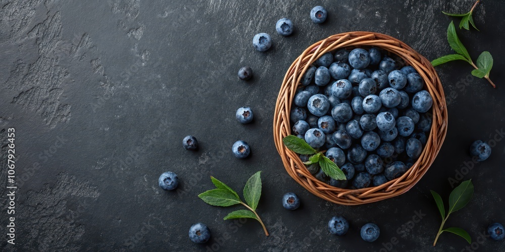 A rustic wicker basket overflowing with plump blueberries, scattered with individual berries and sprigs of green leaves on a dark slate surface. A rustic wicker basket overflowing with plump blueberries, scattered with individual berries and sprigs of green leaves on a dark slate surface.