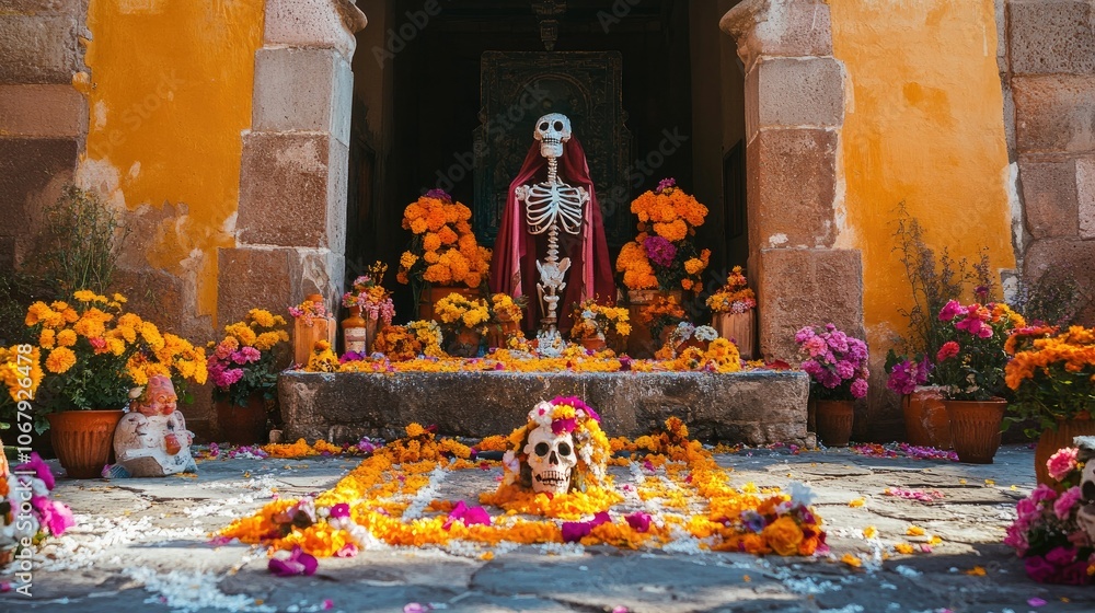 Obraz premium Festive Day of the Dead sugar skeletons with bright colors and symbolic decorations, celebrating the rich traditions of de los Muertos in San Miguel De Allende, Mexico