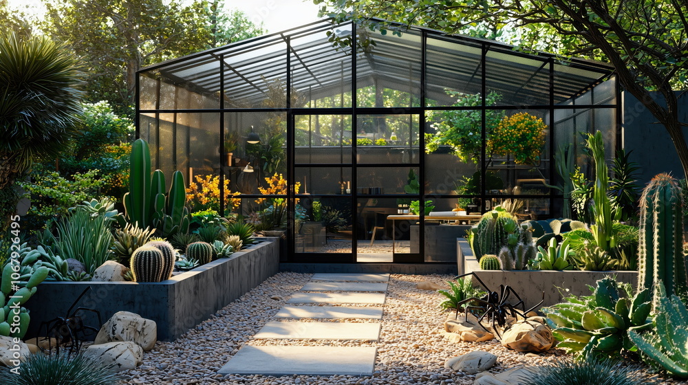 A modern greenhouse surrounded by desert plants, cacti, and succulents. Sunlight filters through the glass, creating a peaceful, natural setting. A modern greenhouse surrounded by desert plants, cacti, and succulents. Sunlight filters through the glass, creating a peaceful, natural setting.