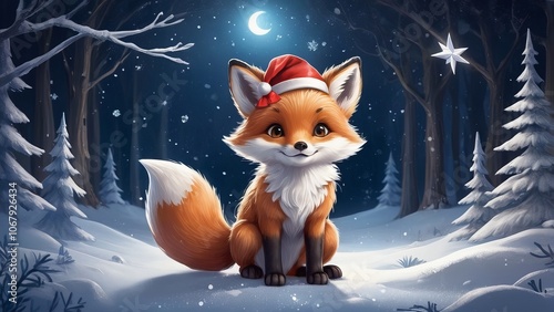 Cute baby fox in Santa hat in winter forest