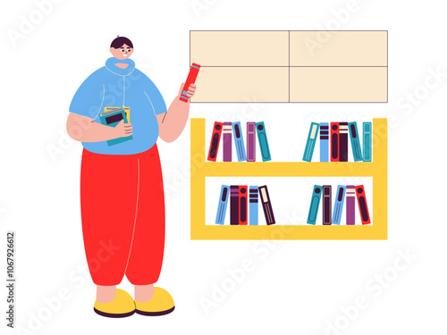 Boy choose books in books shelf. Library illustrations. Flat vector illustration.