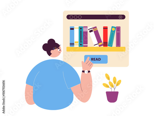 Girl reading in online library. Library illustrations. Flat vector illustration.