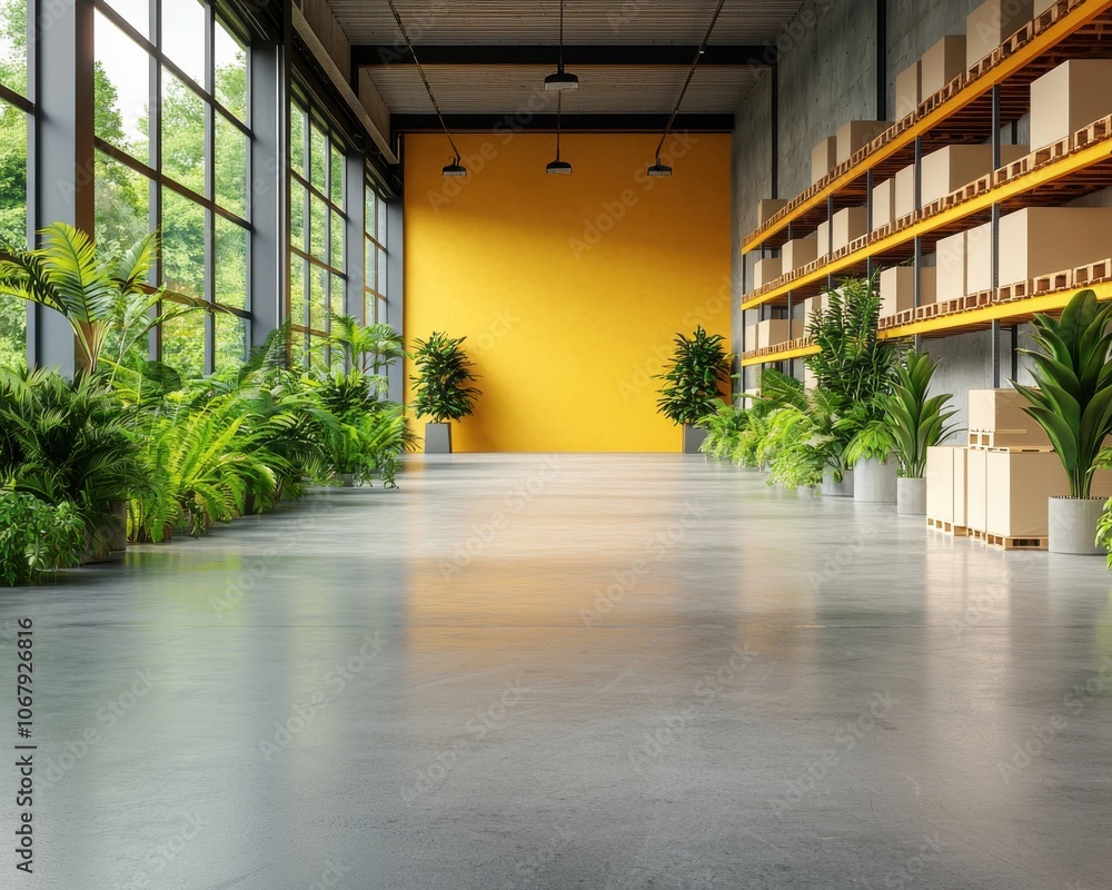 A modern, spacious interior with large windows, vibrant yellow wall, and greenery, creating a fresh and inviting atmosphere. A modern, spacious interior with large windows, vibrant yellow wall, and greenery, creating a fresh and inviting atmosphere.