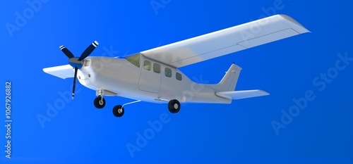 Small propeller airplane in blue background. Isolated small airplane over blue background	
 photo