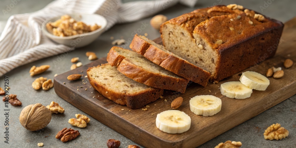 A freshly baked banana bread loaf sliced on a rustic wooden cutting board, surrounded by almonds, walnuts, and banana slices. A freshly baked banana bread loaf sliced on a rustic wooden cutting board, surrounded by almonds, walnuts, and banana slices.