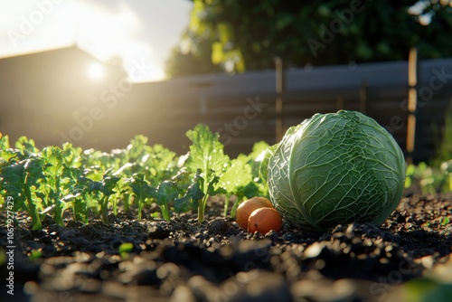 Stylized 3D Illustration of Savoy Cabbage in Garden photo