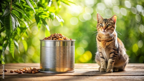 A Bokeh Effect Image of Cat Food Can in Spencer, Wisconsin with a Soft Focus Background, Capturing the Essence of Pet Nutrition and Quality Ingredients in a Charming Setting photo