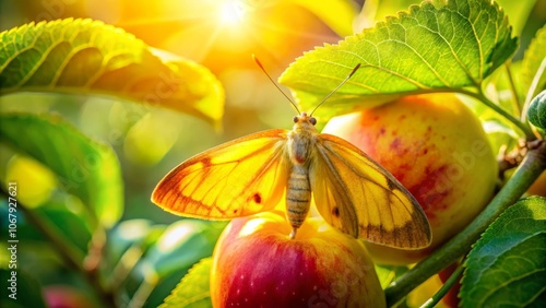 A Bright Yellowheaded Moth on Lush Green Apple Tree Leaves in Summer Sunlight, Showcasing Vibrant Colors in a Tranquil Garden Setting photo