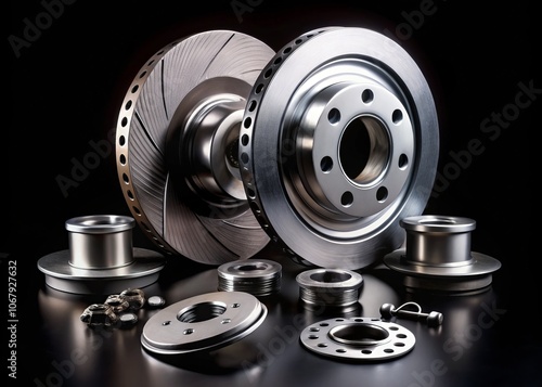 Wallpaper Mural A Collection of Automotive Running Gear Components: Brake Discs, Pads, Hub Bearings, and Fasteners Isolated on a Sleek Black Background for Car Parts Enthusiasts and Mechanics Torontodigital.ca