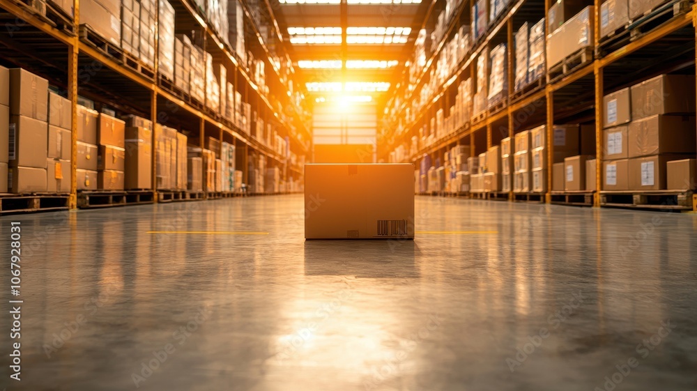 A well-lit warehouse with rows of boxes and a single cardboard box in the foreground, illuminated by the warm glow of sunset.