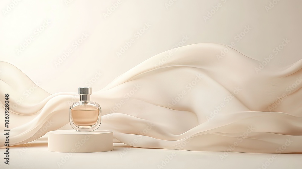 Elegant perfume bottle on a soft, flowing fabric backdrop.