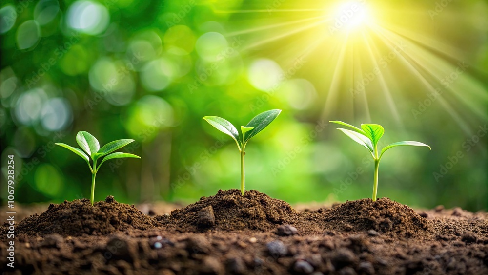 Three saplings growing on soil against natural green background, growth, saplings, plants, nature, trees, soil Three saplings growing on soil against natural green background, growth, saplings, plants, nature, trees, soil