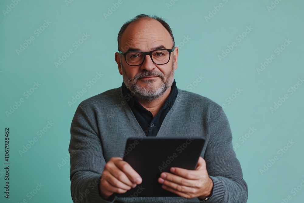 Portrait of an Elderly Gentleman Holding a Tablet. Generative AI. Portrait of an Elderly Gentleman Holding a Tablet. Generative AI.