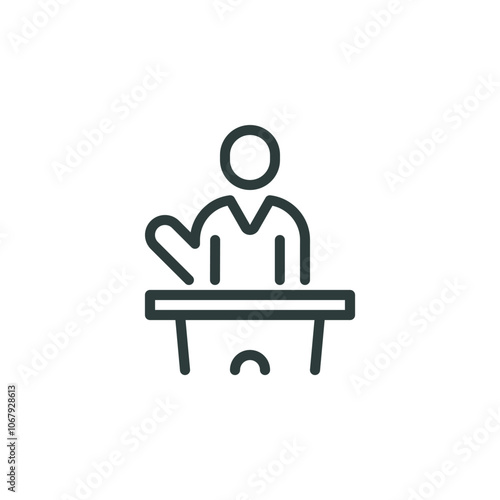 Conference, orator speech, business public meeting outline icon. Line sign man speaker behind podium. Vector isolated pictogram for web and app on white background editable stroke.