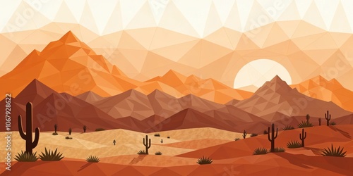 A low-poly landscape depicting a desert scene with a mountainous horizon and a sun peeking over the mountain peaks, illustrating the beauty of simple geometric shapes in nature.