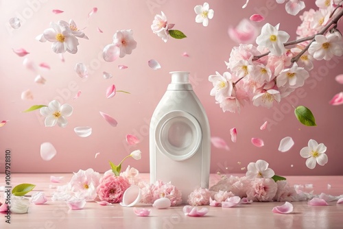 Aerial View of a Fabric Softener Bottle Surrounded by Flower Petals and an Open Washing Machine on a Soft Pink Background for Vibrant Advertising Design photo